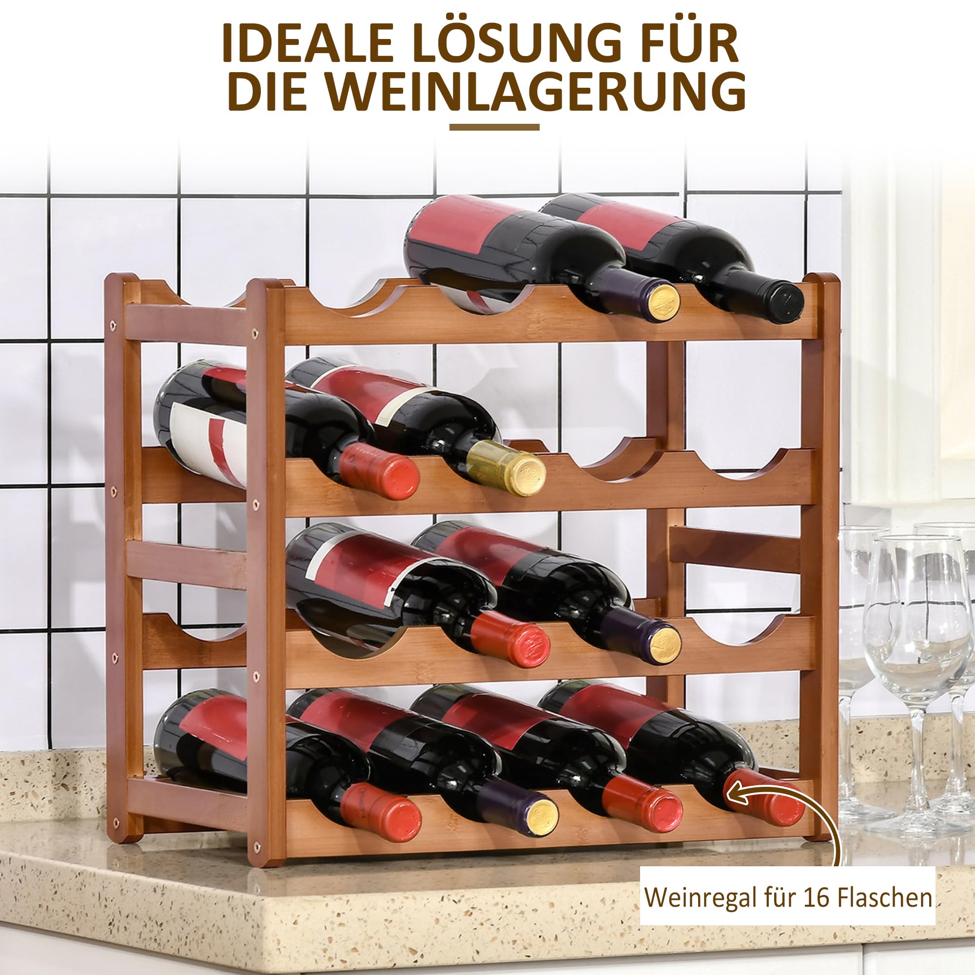 HOMCOM Weinregal für 16 Flaschen Stapelbar Flaschenregal Flaschenhalter Weinflaschenhalter aus Bambus für Keller, Lagerraum, 43 x 23,5 x 38 cm Braun