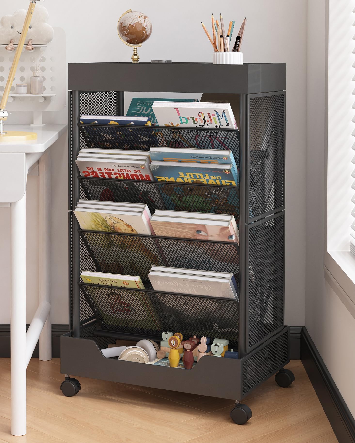 UMDONX Rollbarer Bücherwagen, doppelseitig, großes Fassungsvermögen, Bücherregal auf Rädern, für Zuhause, Büro, Klassenzimmer, hält A4, Briefe und Dokumente in rechtlicher Größe