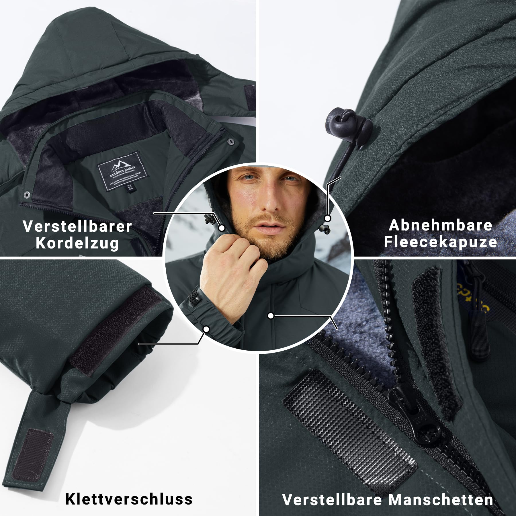 KEFITEVD Giacche in Pile Invernali da Uomo Calde Impermeabili da Sci Termici con Cappuccio Staccabile