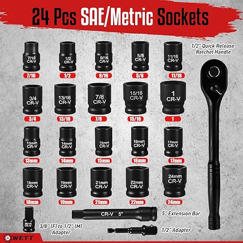 Miniatura 2 de WETT Juego de llaves de impacto de 12", juego de llaves de vaso poco profundas de 24 piezas, SAEmétrica, 716"-1", 0.512 in-0.945 in, mango de