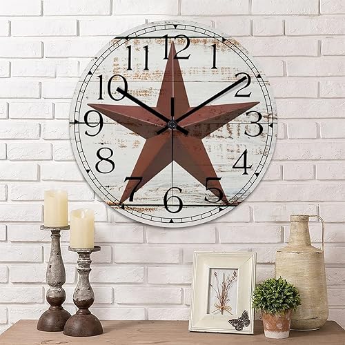 Miniatura 12 de Reloj de pared redondo de estilo retro con estrella de Texas occidental, reloj de madera, silencioso, sin tictac, funciona con pilas, con números