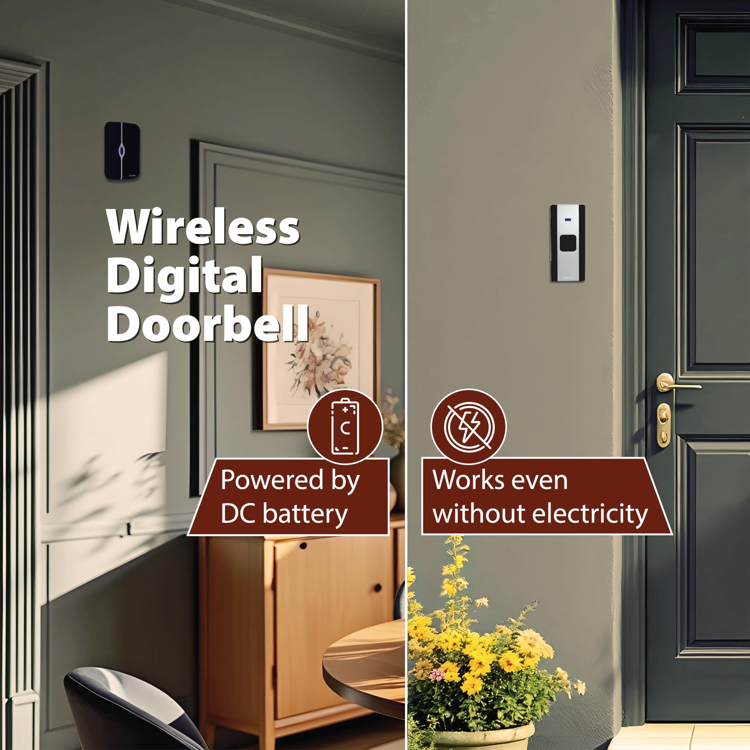 Havells Tango Wireless Digital Doorbell (White & Black), 25 Chime Melodies, 3 Volume Levels, 100m 433.92MHz Open Air Receiver and Transmitter Range,Loved by Users for LED Stylish and Superb Longevity