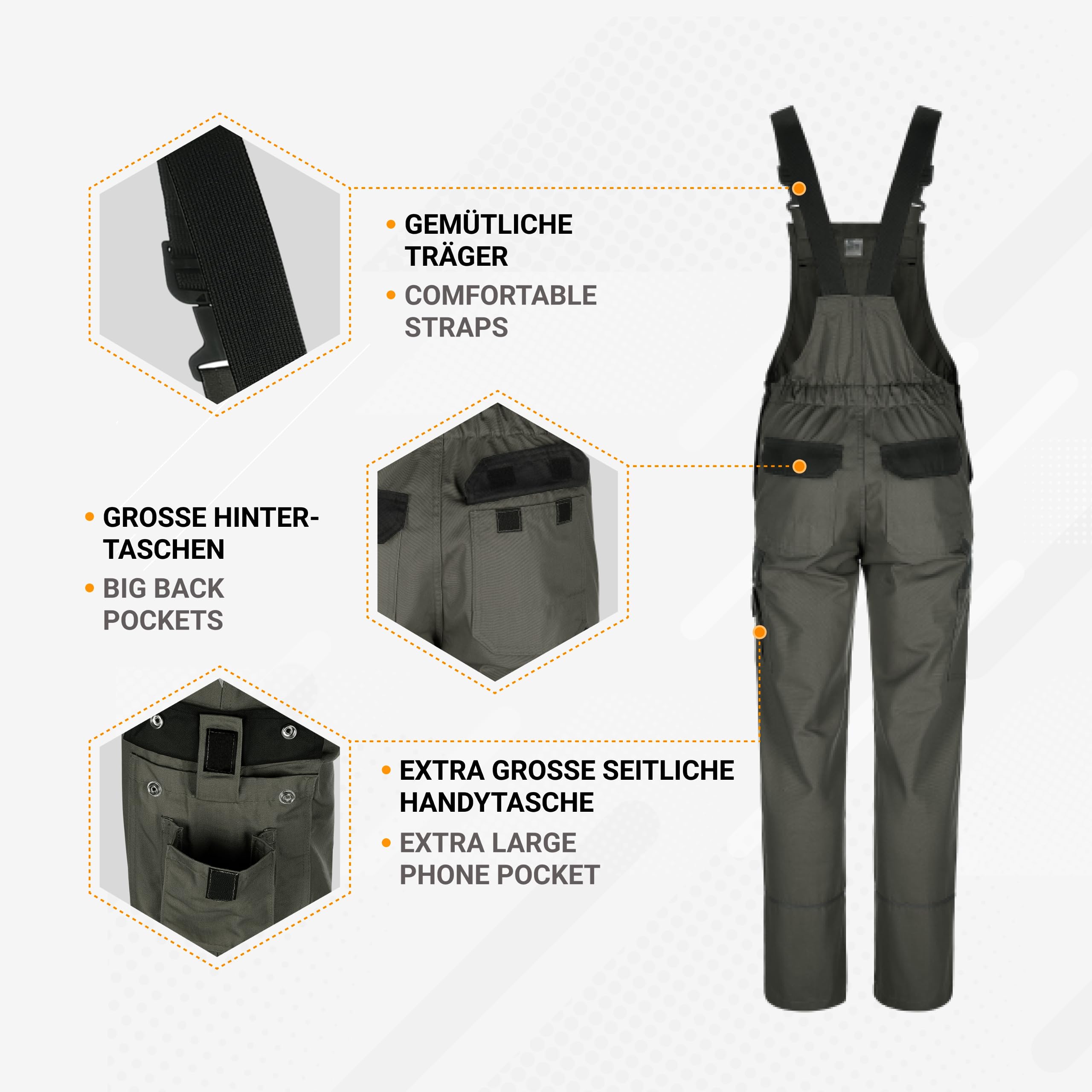 TMG® | Lange Arbeitslatzhose Herren, Graue Latzhose mit Kniepolstertaschen aus Cordura, viel Stauraum, robust | 76