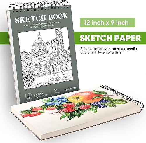 Miniatura 49 de Soucolor - Cuaderno de bocetos de 9 x 12 pulgadas, paquete de 1 de 100 hojas, encuadernado en espiral, libre de ácido (68 libras/100 g/m²), bloc