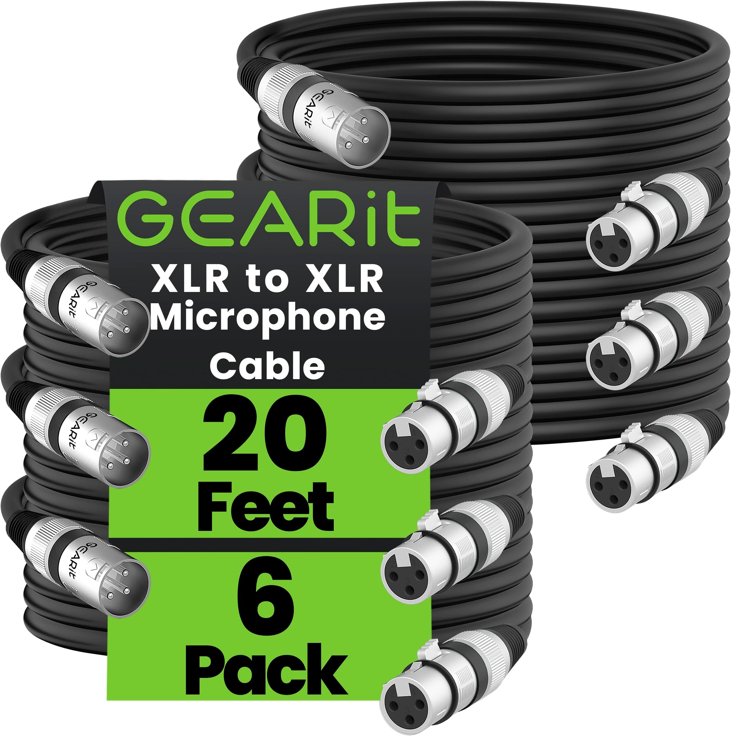 GearIT XLR Microphone Cable (20 Feet, 6-Pack) Male to Female 3-Pin Balanced Shielded Cable for Mic Mixer, Recording Studio, Podcast - Black, 20ft