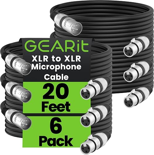 GEARit XLR Cables 20 ft 6 Pack, XLR Male to Female Microphone Cable, Balanced Shielded Mic Cable with Copper Conductors for Recording Studio, Podcast Setup, Stage Audio, Live Sound