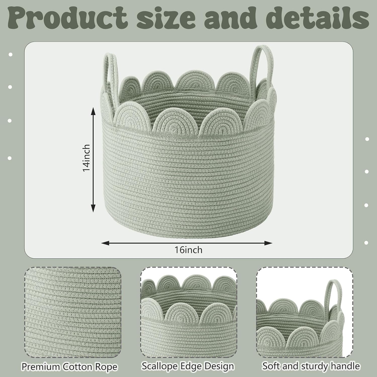 LemonRoad Round Woven Basket Sage Green, 16" L X 16" W X 14" H image 2