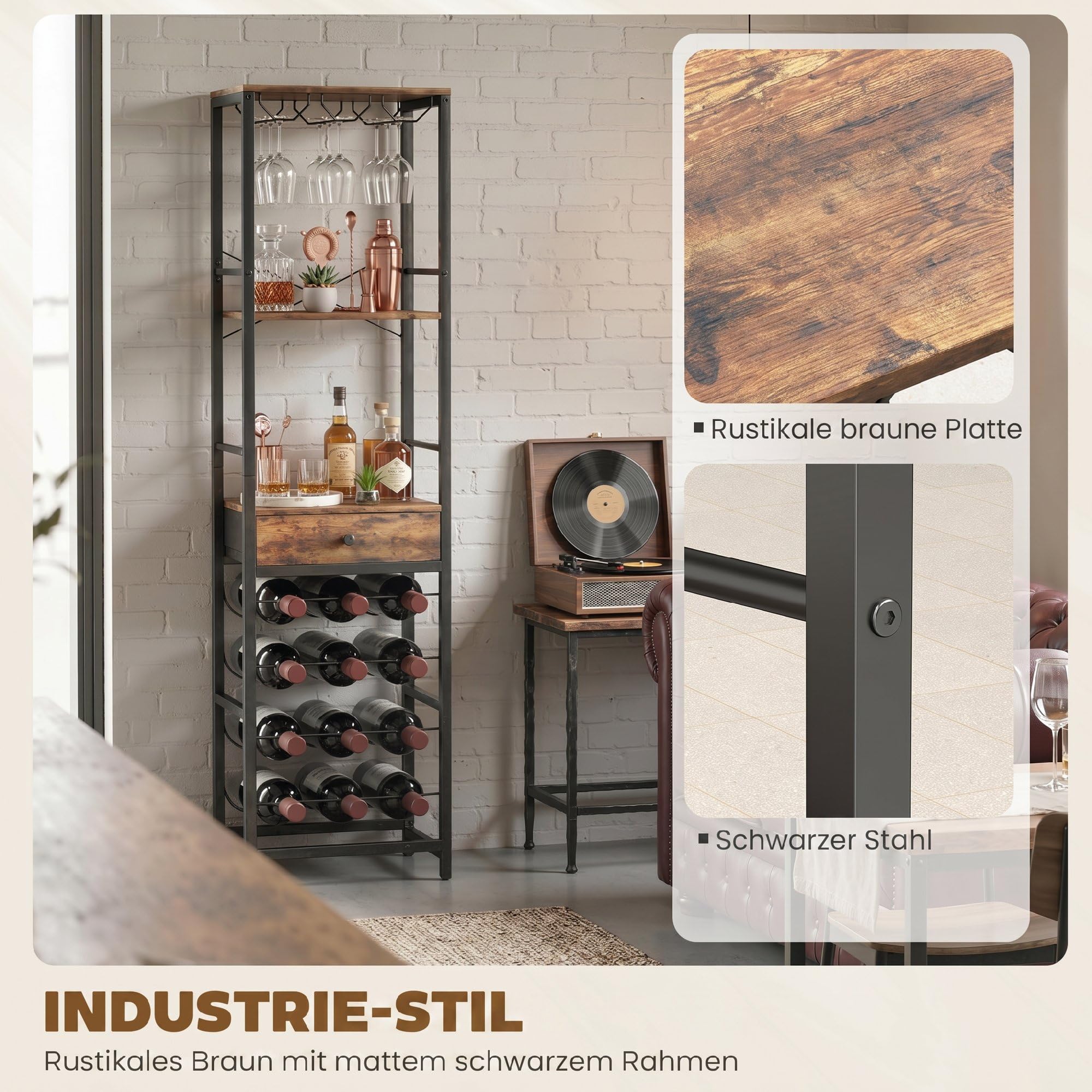 HOMCOM Weinregal Glashalter Schublade Rustikal Braun 40 x 30 x 148 cm | Flaschenregal für 12 Weinflaschen, Standregal, Weinhalter für Küche