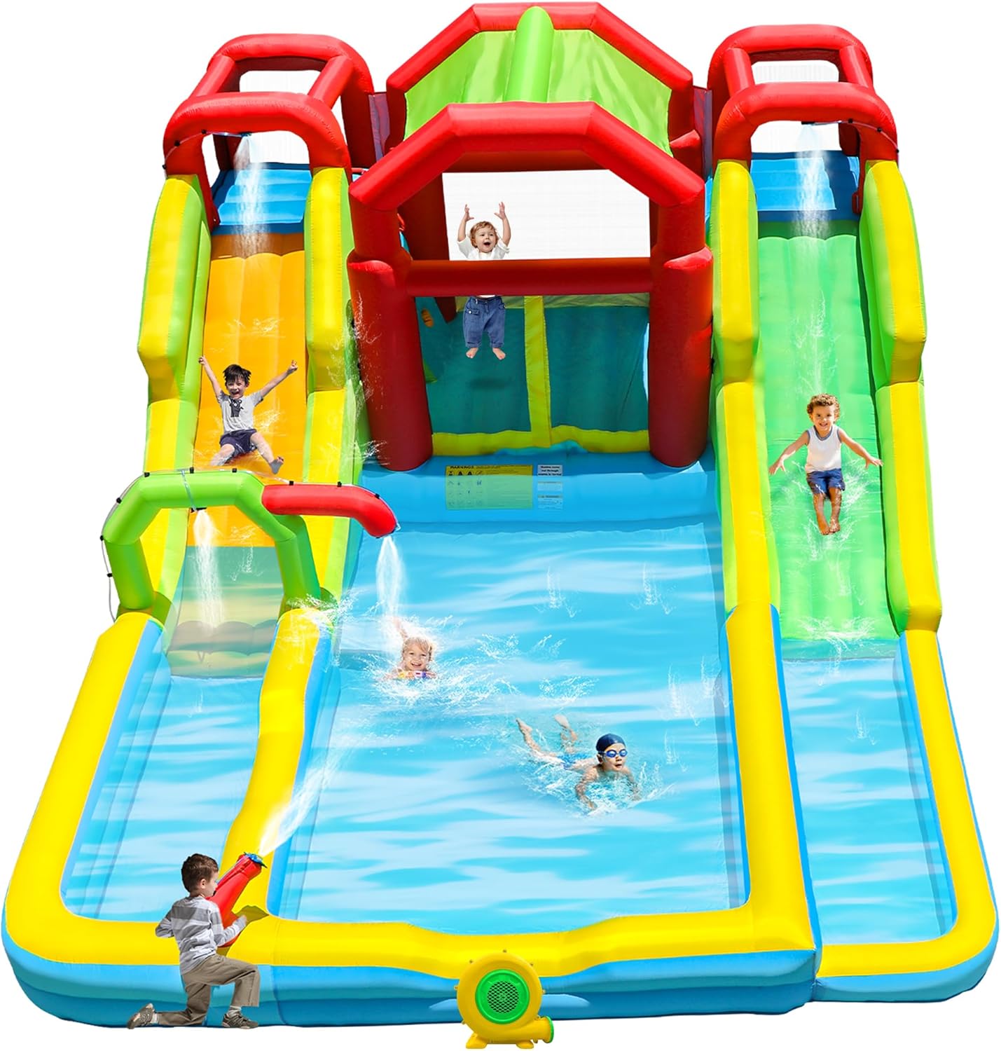 Inflatable Water Double Slides Park with Blower, Shade Tent Bounce House with 2 Climbing Walls, 3 Water Pools, 226x168x98 Inch