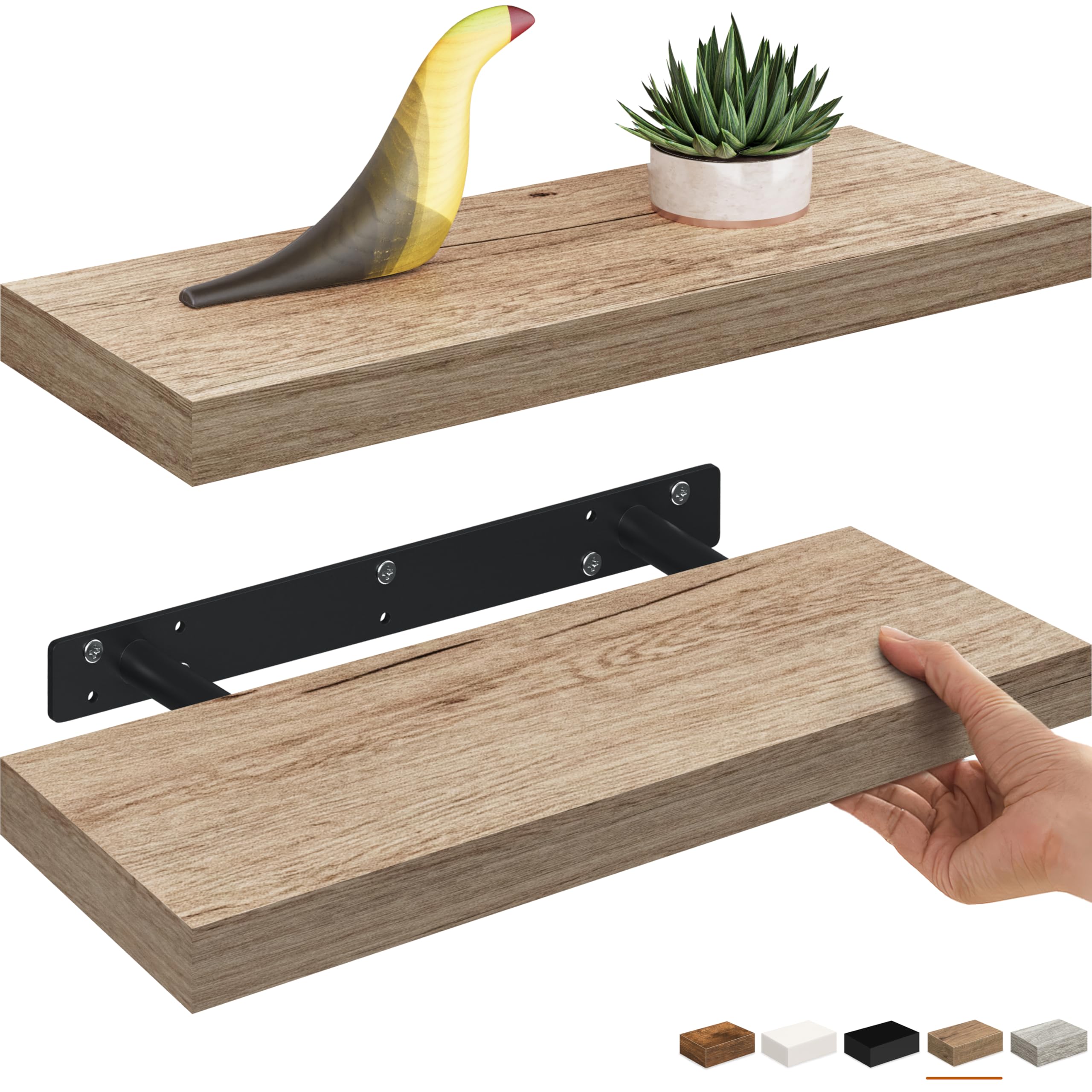 Ballucci Floating Shelves, 16" Wood Wall Shelf Set of 2, Invisible Brackets Floating Shelf Bathroom Wall Decor, Living Room, Bedroom, Kitchen, Nursery