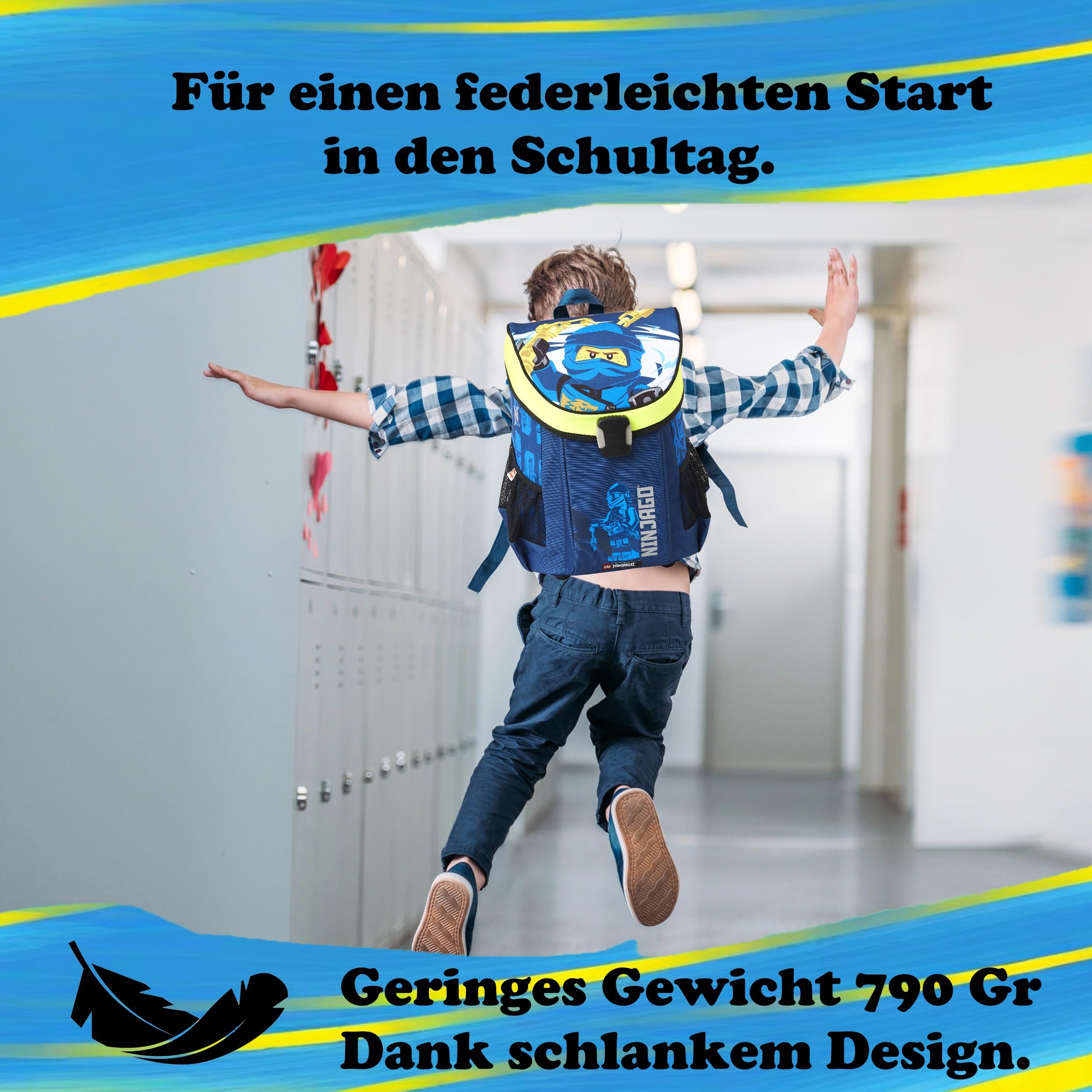 Familando - Schulranzen Set 9-teilig mit Sporttasche - Ninjago Blau - Ergonomisch, stabil & mit gepolstertem Rücken - 790g leicht mit 16L Volumen - wasserabweisend und mit Reflektoren - Ab 1. Klasse