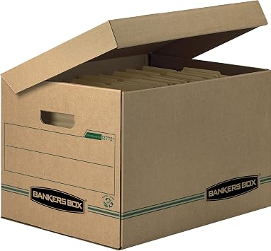 Bankers Box 12 Pack SYSTEMATIC Basic-Duty 100% Recycled File Storage Boxes, Standard Setup, Attached Flip Top Lid, Letter/Legal, Kraft/Green
