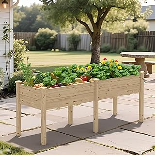 72x23x30in Raised Garden Bed with Legs, Outdoor Elevated Wood Planted Box with Divider Panel & Drainage Hole for Vegetable Flower, Backyard and Patio, Natural