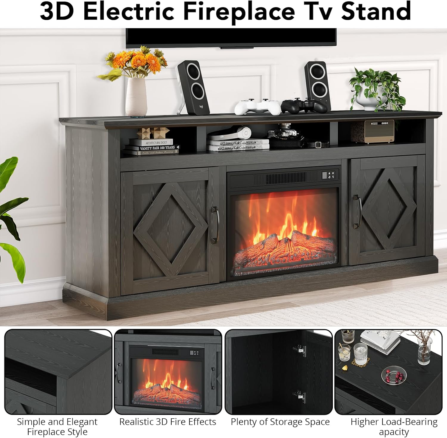 23" LED Electric Fireplace, Fireplace TV Stand for 67 Inch TV, Freestanding Fire Place TV Stands with Glass Door Closed Storage, Remote Control, Timer, Adjustable Flame Level for Living Room