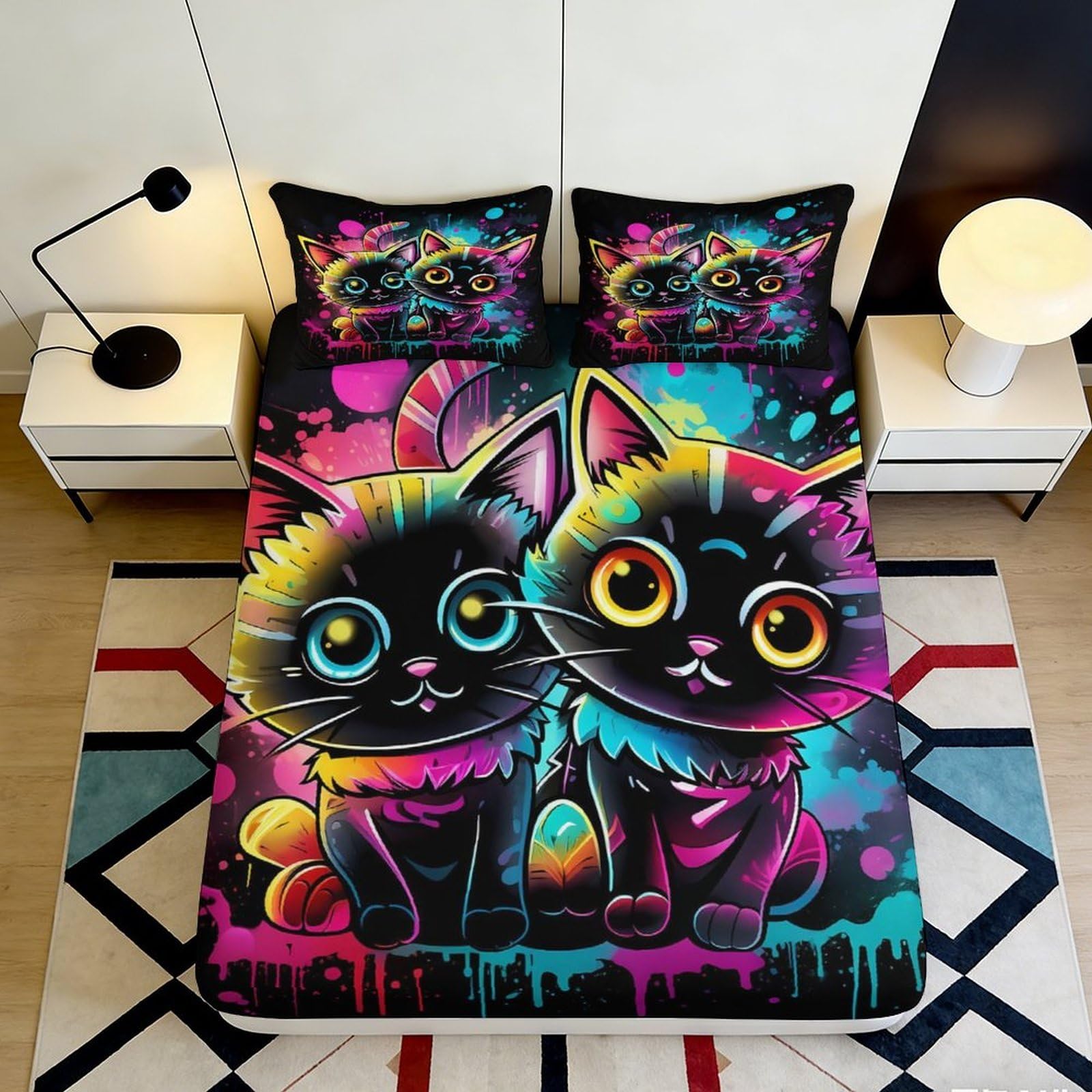 3D Printed Neon Cat Art Fitted Sheet Microfiber Soft Anti-Slip Rainbow Kitten Mattress Cover Bedroom Decor 120x200x25cm