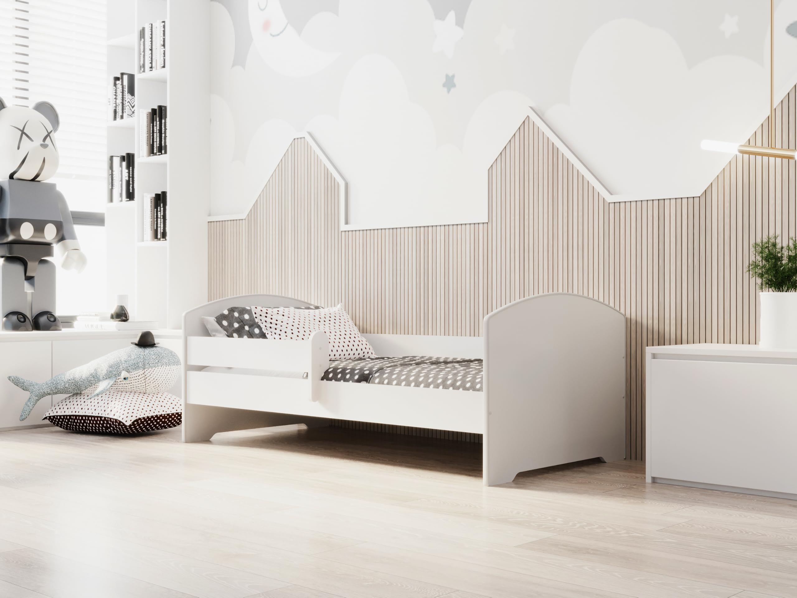 KOBI Letto per Bambini con Sponde LUK | Bianco Lettino Bambina | 160 x 80 CM | Lettino Bambino con Materasso | Lettini per una Ragazza un Ragazzo | Letto Bimbo Singolo