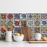 meihea 30 Pack Peel & Stick Mediterranean Tile Decals - Waterproof 4x4 Vinyl Backsplash Stickers, Spanish Floral Kitchen Bathroom Stair Decor