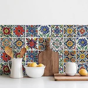30 Pcs Mediterranean Style Peel and Stick Wall Tile Decals - Waterproof Vinyl Stickers for Kitchen Backsplash, Bathroom, Stair Riser Decor - Spanish Floral Pattern - 4x4 Inch