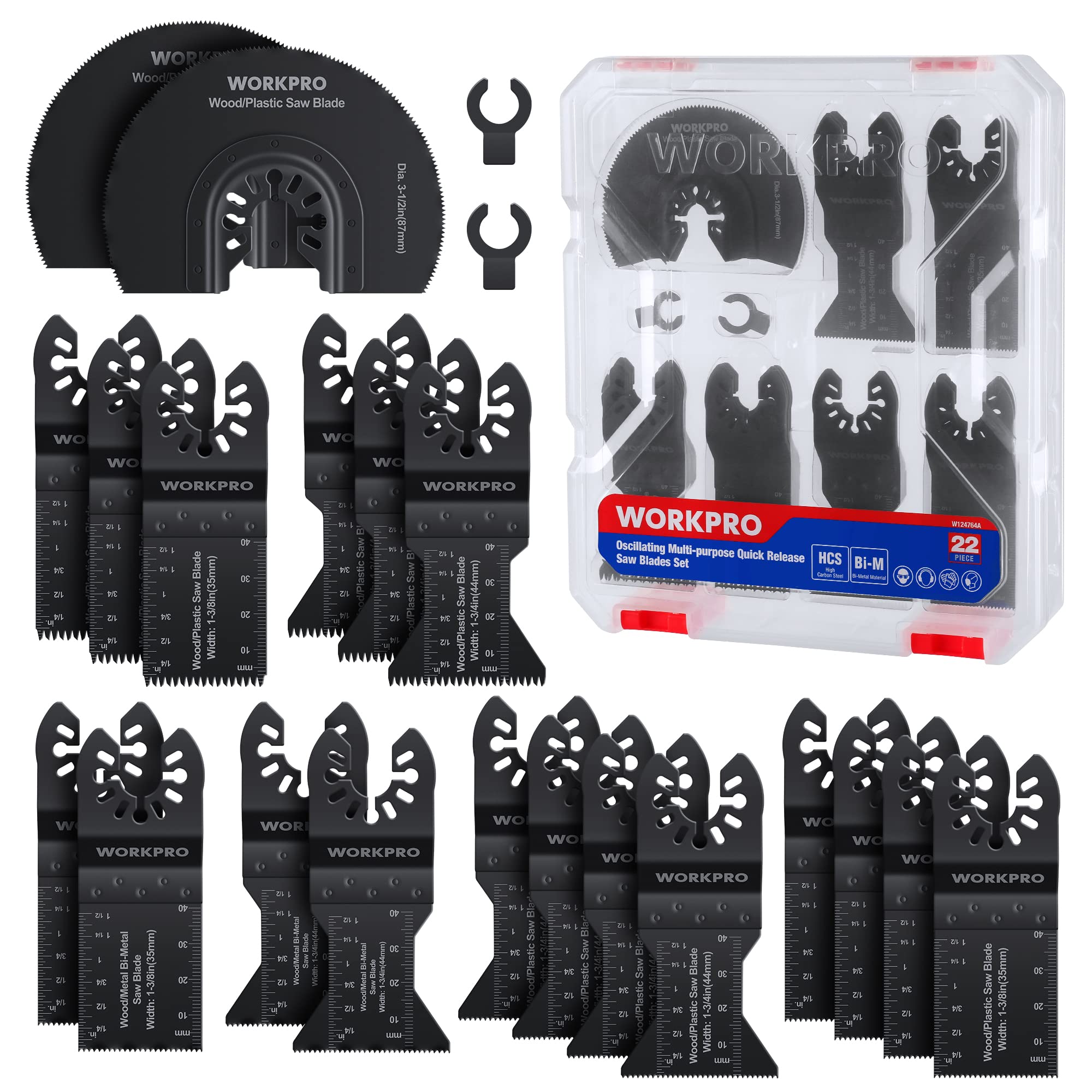 WORKPRO 22Pcs Lames de Scie Oscillantes, Coffret des Accessoires d'Outil Multifonction Oscillant, Lame de Scie Universelle pour Bois, Clous, Métal,Plastique, etc