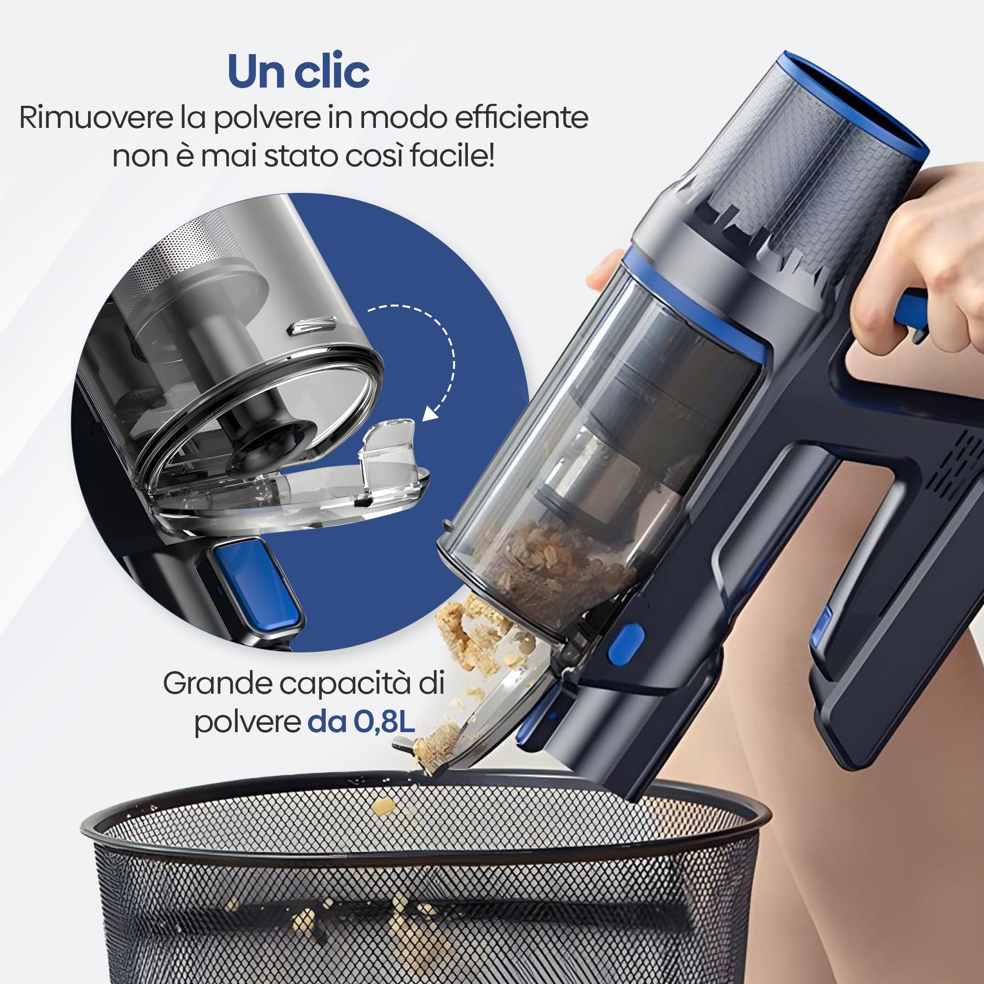 Olvy Aspirapolvere a batteria 2 in 1 – senza fili, senza sacchetto – 35.000 Pa potenza di aspirazione, 5 livelli, Display LED, filtro HEPA