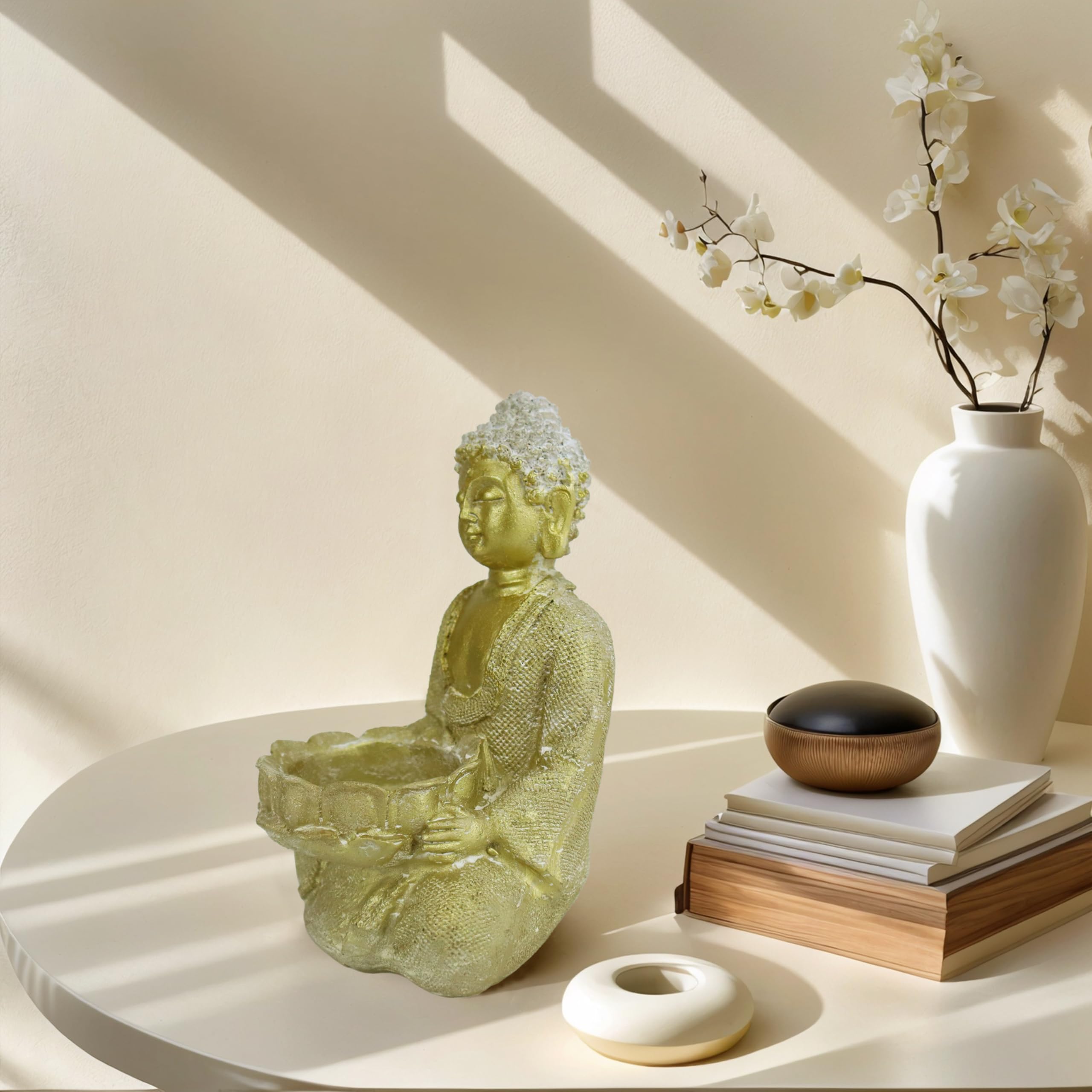 Hand-Painted Golden Resin Buddha Statue Candle Holder - 8x8.5x14cm