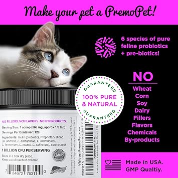 PROBIOTIC for Cats 120 Servings - Premo Pet Digestive Aid Plus Prebiotics - Best for Diarrhea, Vomiting, Gas, Skin Conditions Tasteless Wheat & Dairy Free GMP Vet Approved