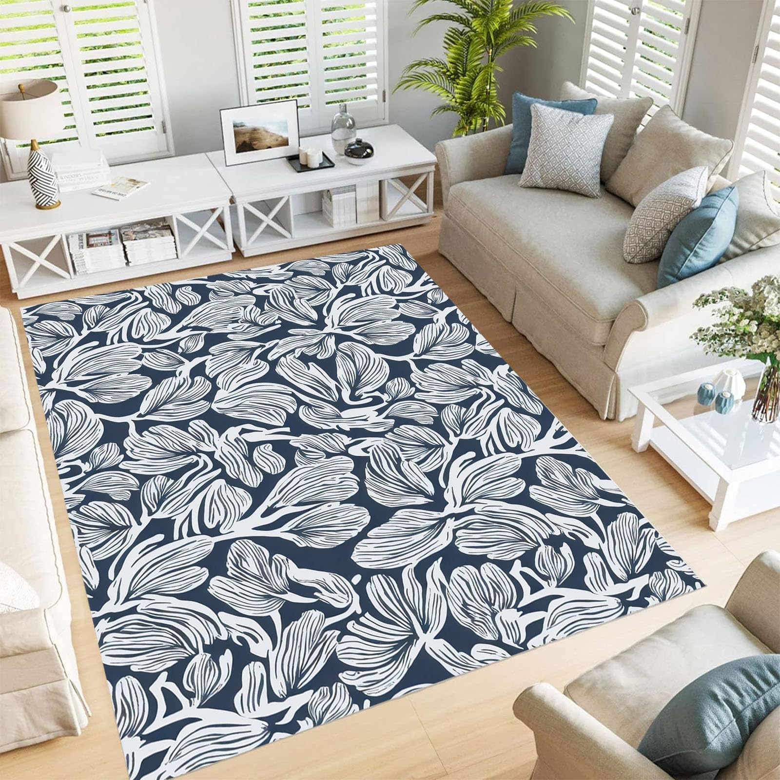 Tapis moquette de chambre fait main bleu marine aux motifs feuilles