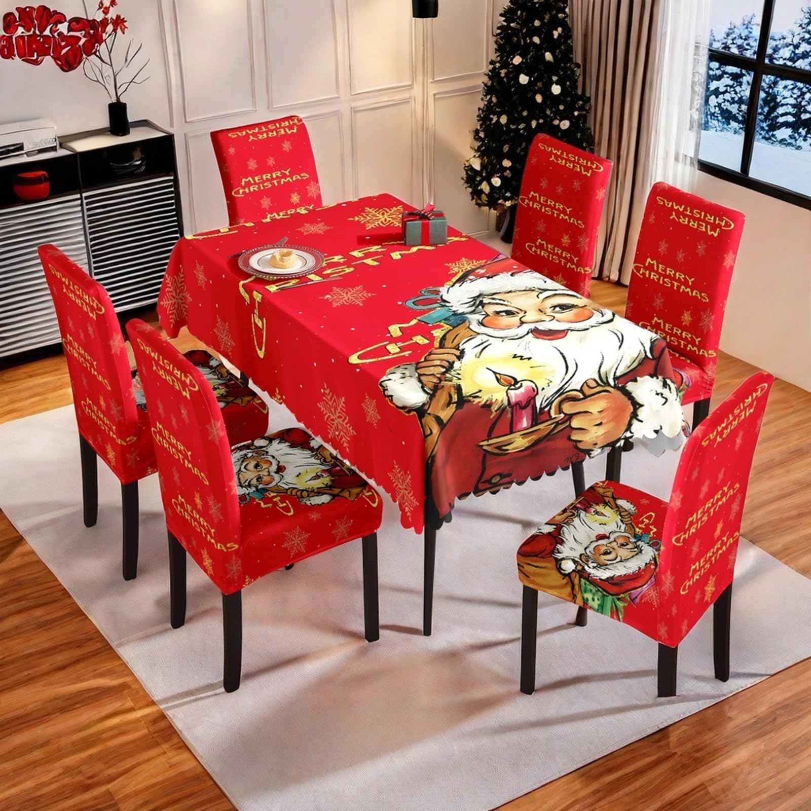 Weihnachts-Tischdecke Set 140 x 210 cm, wasserfeste Tischtüche mit 4 oder 6 Stuhlhussen, rutschfeste Tischdecke für Weihnachtsfeiern, Wohnkultur