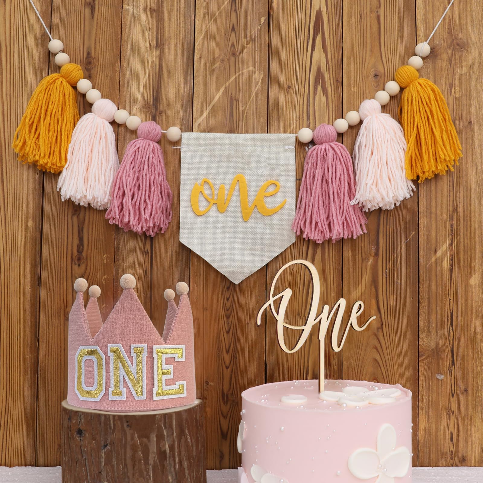 HODIHIWI Baby Girls Pink Yellow 1st High Chair Banner Wood Bead Tassel Garland Crown Hat Wooden Cake Topper Birthday Party Decorations
