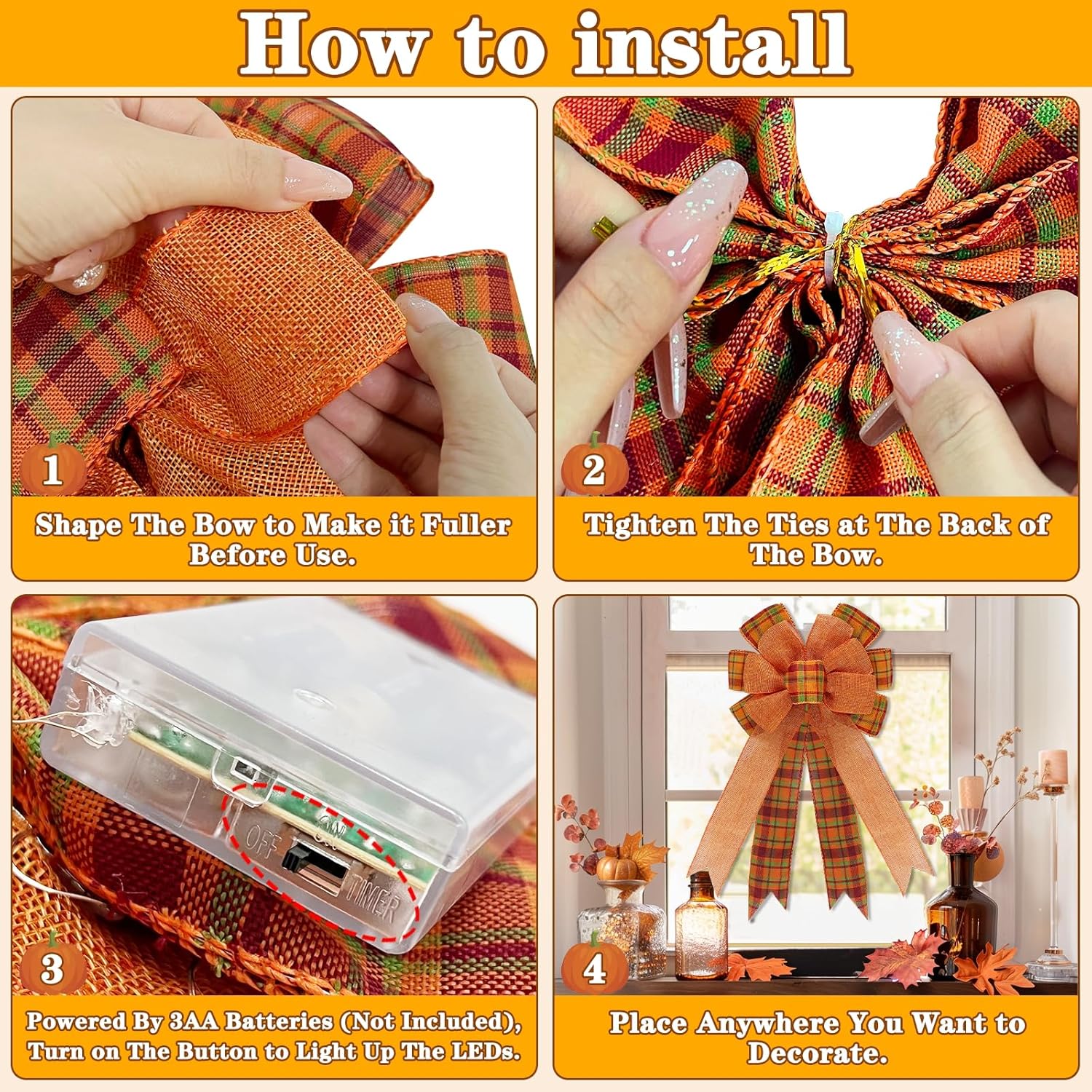 [ 2 Pack & Timer ] Prelit Fall Wreath Bows with 40 LED Lights Total, 18 Inch Orange Buffalo Burlap Plaid Bows for Wreath, Fall Bows Tree Topper Front Door Thanksgiving Home Decor Indoor Outdoor