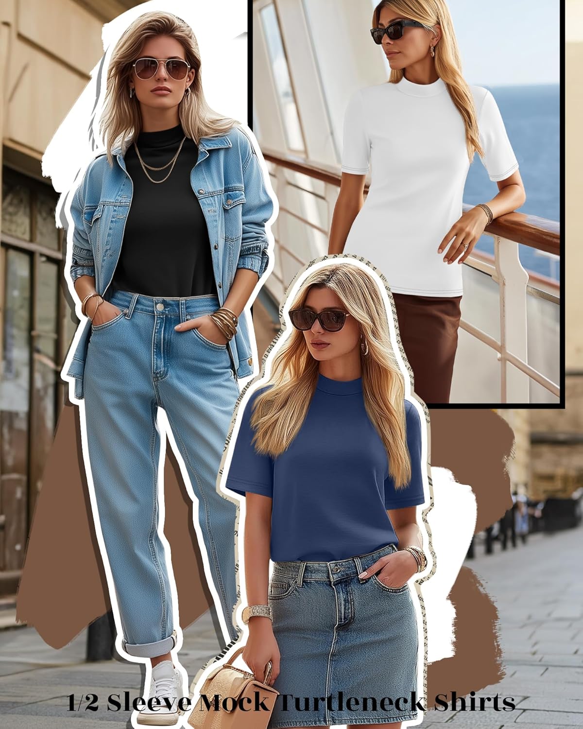 Ficerd 3 Pack Women's Mock Turtleneck T-Shirts 1/2 Half Sleeve Dressy Casual Tunic Tops Slim Fit Summer Basic Tee Shirts 2026 - Image 6