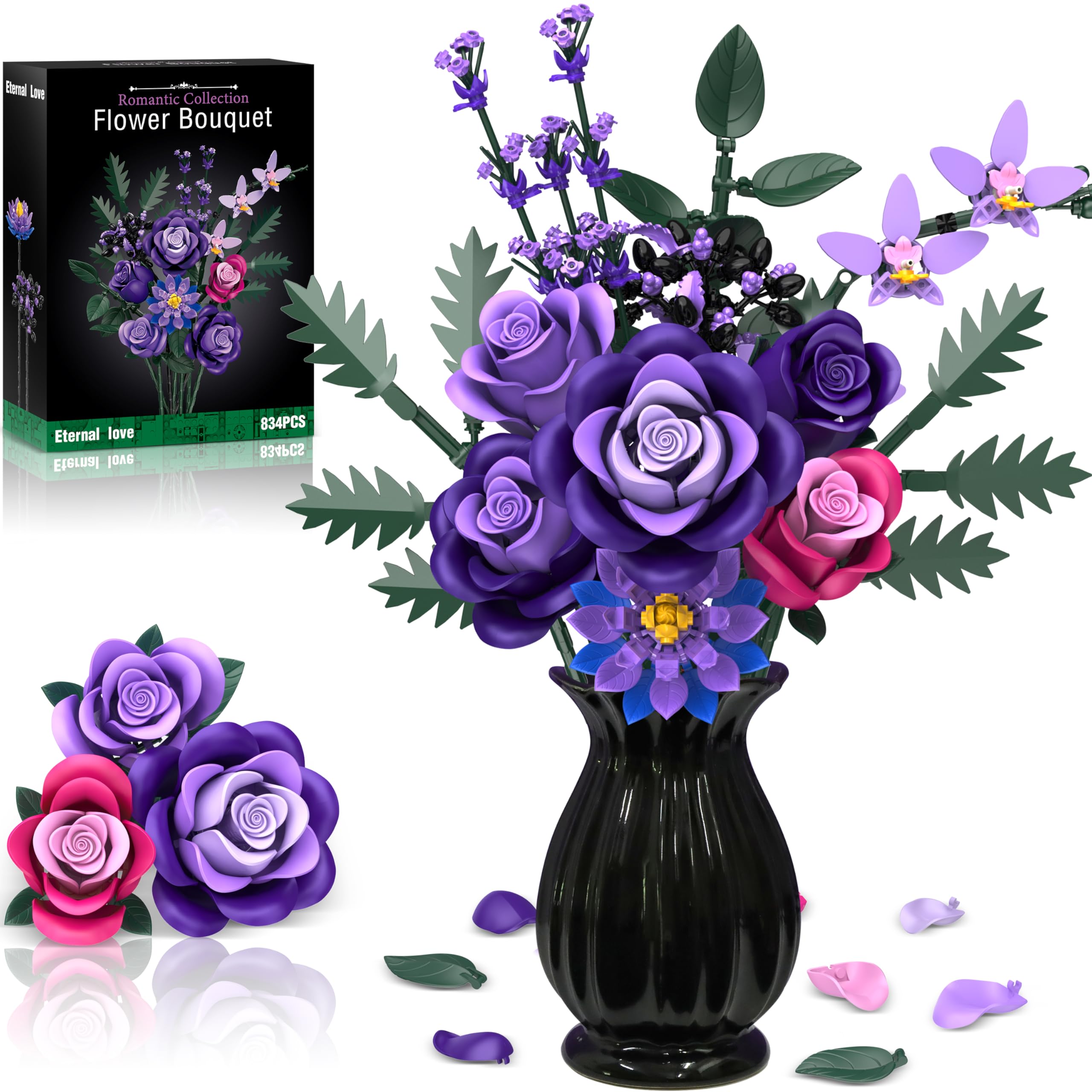 エターナルブルームコレクションセット Amazon.com: Purple Roses Flower Bouquet Building Sets, 834PCS