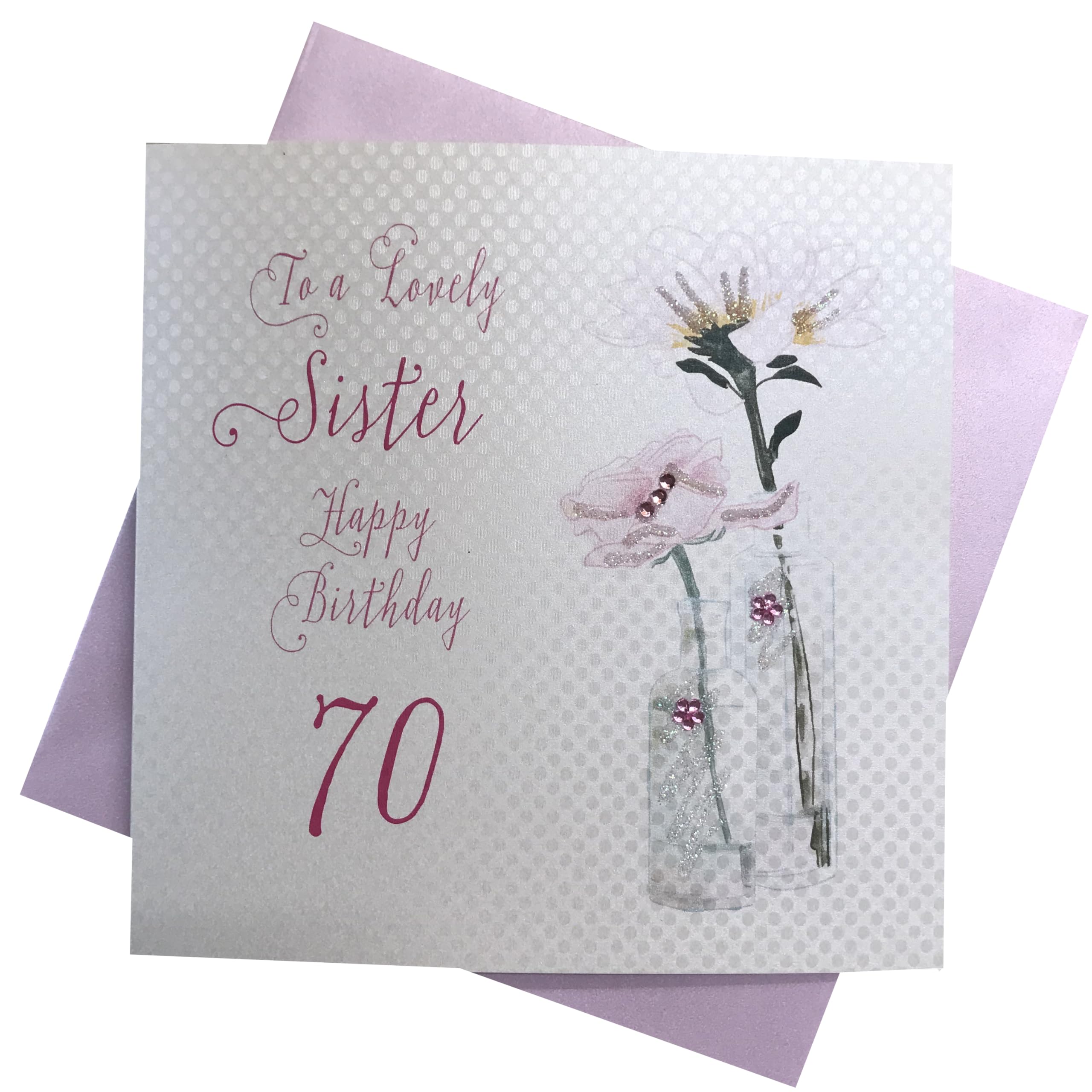 White Cotton Cards Dandelion, Happy Lovely Sister 70" Handmade 70Th Birthday Card, Bd65-70, 15Cm X 15Cm