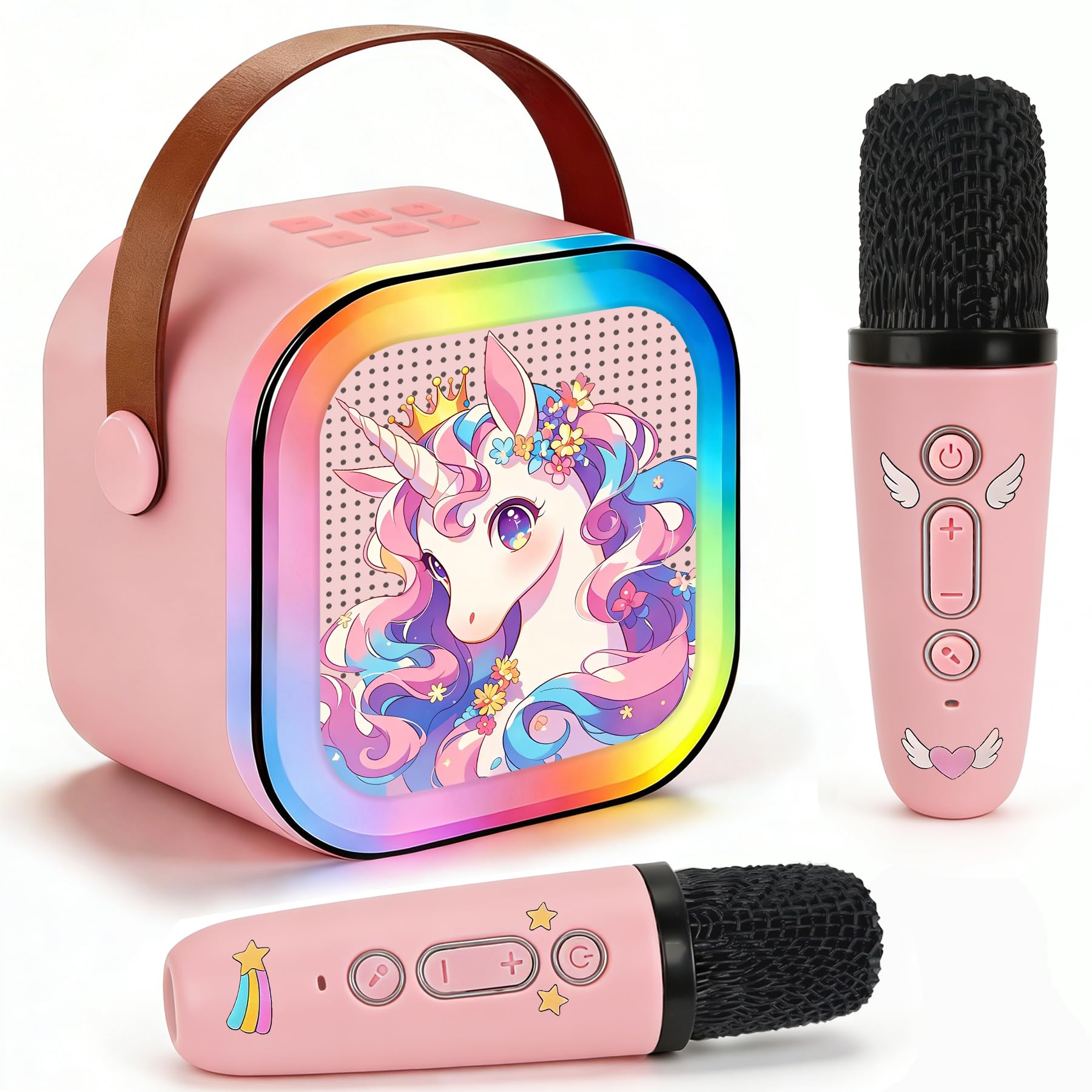 Karaoke Maschine mit 2 Funkmikrofonen für Kinder und Partys | Bluetooth 5.3, 4 LED-Effekte, 4 Voice-Changer, TF/USB/AUX, 5-8h Akku, Praktischer Tragegriff, ab 3 Jahren, USB-aufladbar
