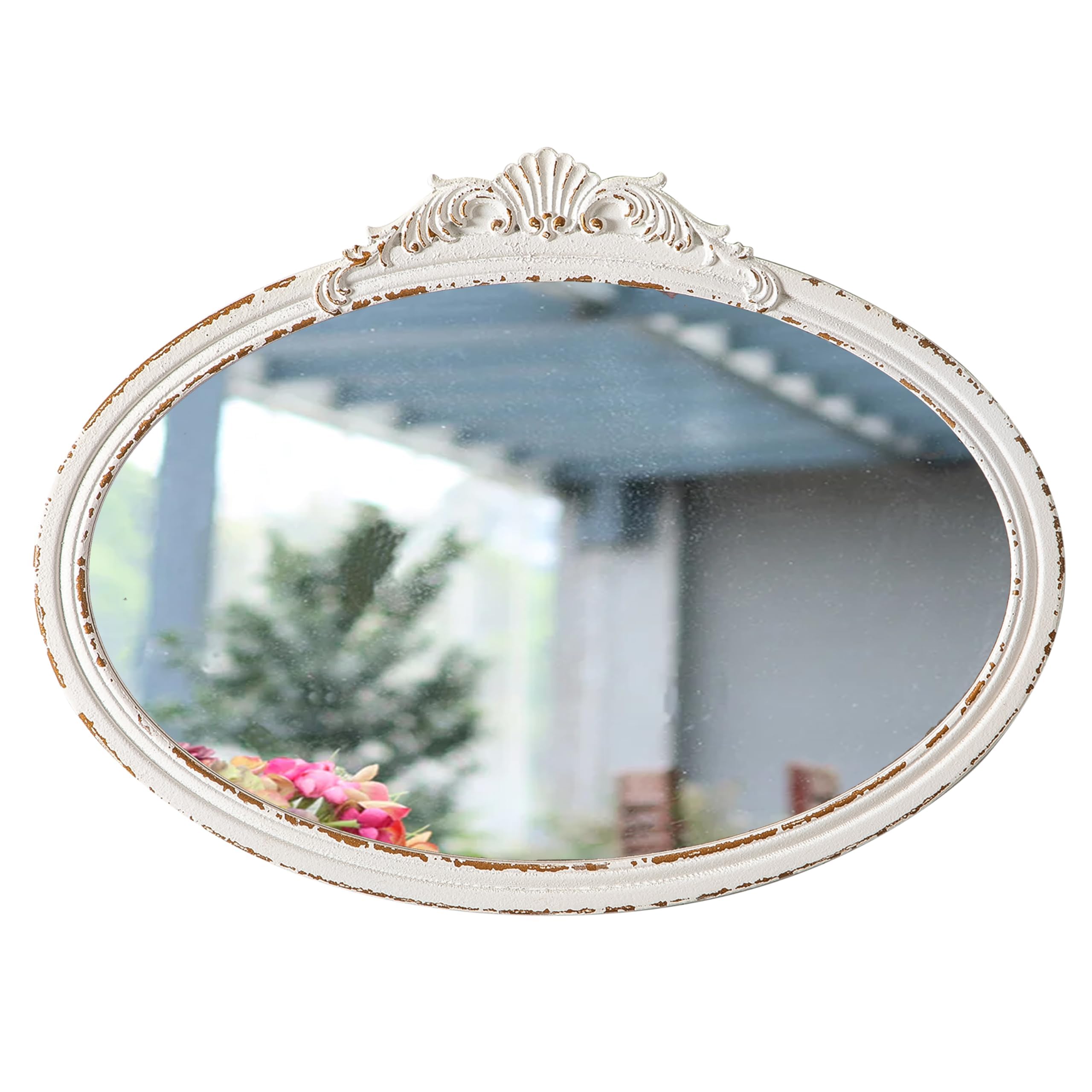 Espejos de baño ovalados vintage para fregadero de 24 x 18 pulgadas, espejos antiguos Arendahl para colgar en la pared, espejos barrocos de madera blanca envejecida horizontal para sala de