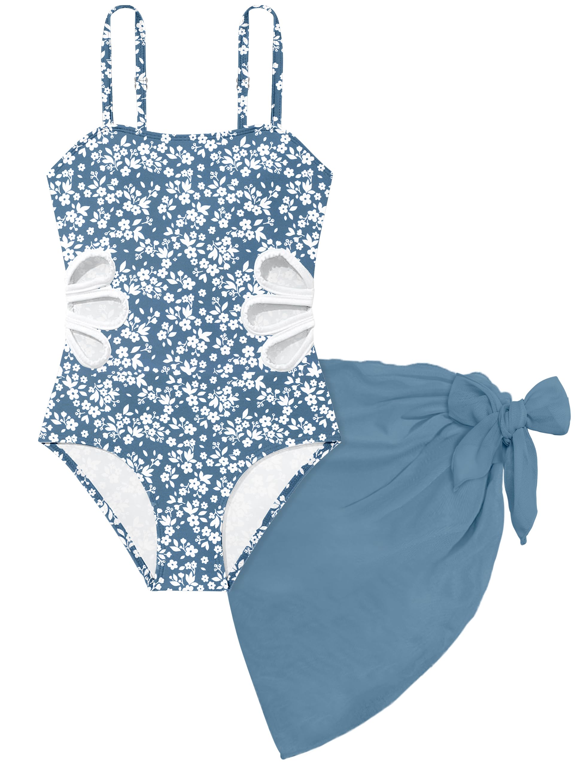 Girls Swimsuit Adjustable Straps Cut Out One Piece Bathing Suit with Solid Color Cover Up Skirt Girls' Swimwear 5-16Y