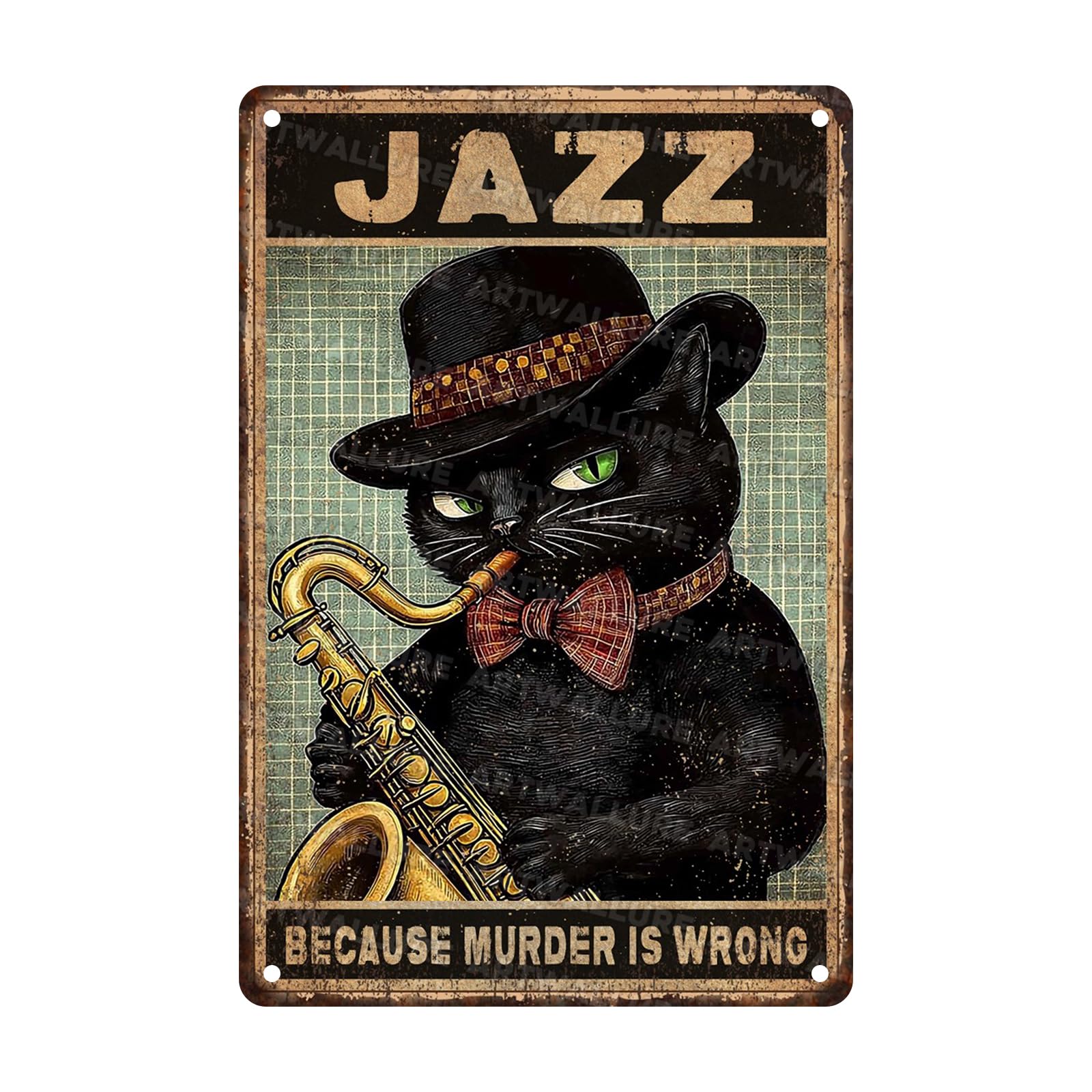 Black Cat Tin Sign Metal Wall Art Retro Jazz Murder Is Wrong Slogan Vintage Plaque for Man Cave Office Rustic Decor 8x12inch