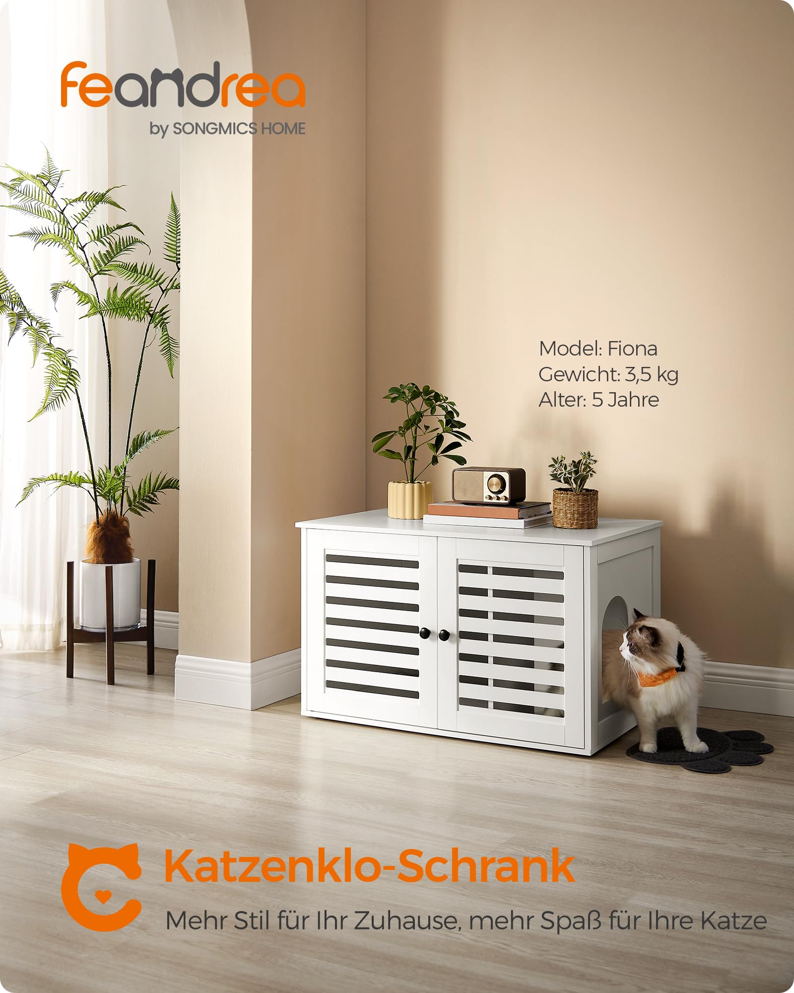 Feandrea Katzenklo-Schrank, Katzenhaus mit herausnehmbarer Trennwand, 2 Lamellentüren, Katzentoilette, Beistelltisch, 80 x 53 x 49 cm, wolkenweiß PCL003W01