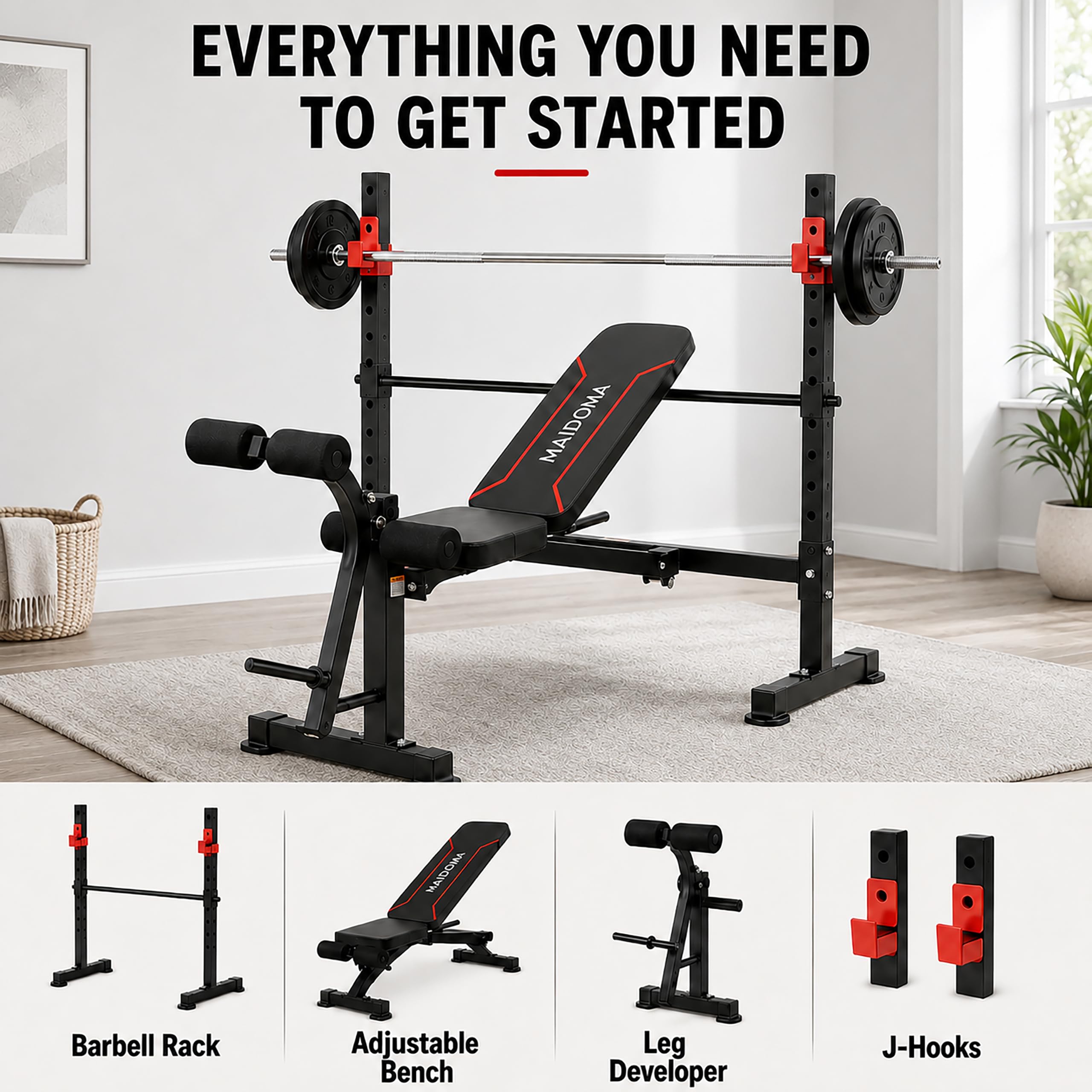 1500LB 8 IN 1 Weight Bench with Lat Pulldown and Leg Extension/Curl, Foldable Bench Press with Preacher Curl & Rack, Workout Benches with Safety Bar Catches for Home Gym(US Stock)
