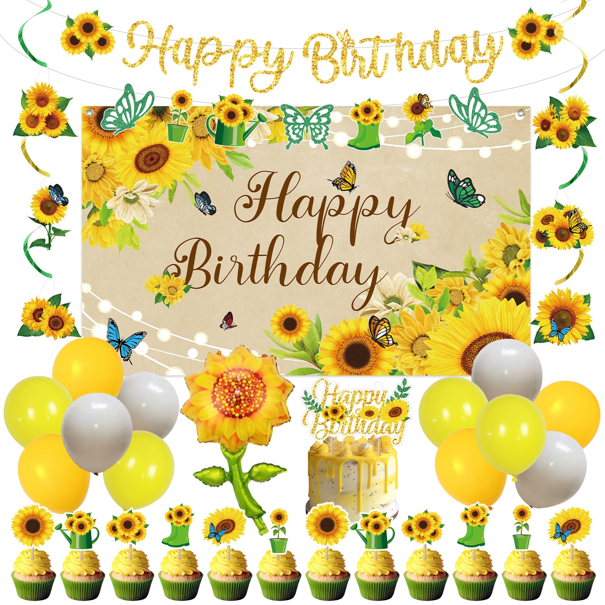 Holkcog Sunflower Birthday Party Decoration for Girls Boys, Glitter Butterfly Sun Flower Happy Birthday Banner Hanging Swirls Cake Toppers, Sunflower