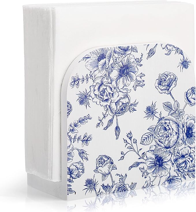 1 Pcs Wood Napkin Holder Blue and White Chinoiserie Wooden Standing Dispenser Napkin Holder for Table Wedding Kitchen Birthday Party Dining Room