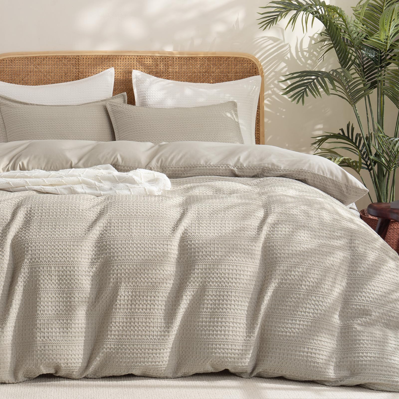 phf soft waffle duvet cover queen size- luxury textured no snagging waffle weave comforter duvet cover(90"x90") with 2 pillow shams, 3 pieces breathable bedding set for all season, natural