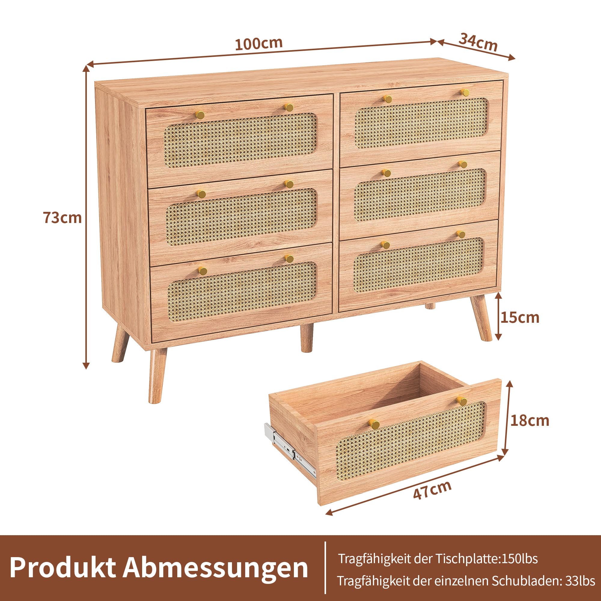 Commode à 6 tiroirs en Bois Style Nordique, Commode de Rangement avec Panneaux en rotin, Commode Chambre Adulte, Couleur Bois Naturel,100x34x73 cm