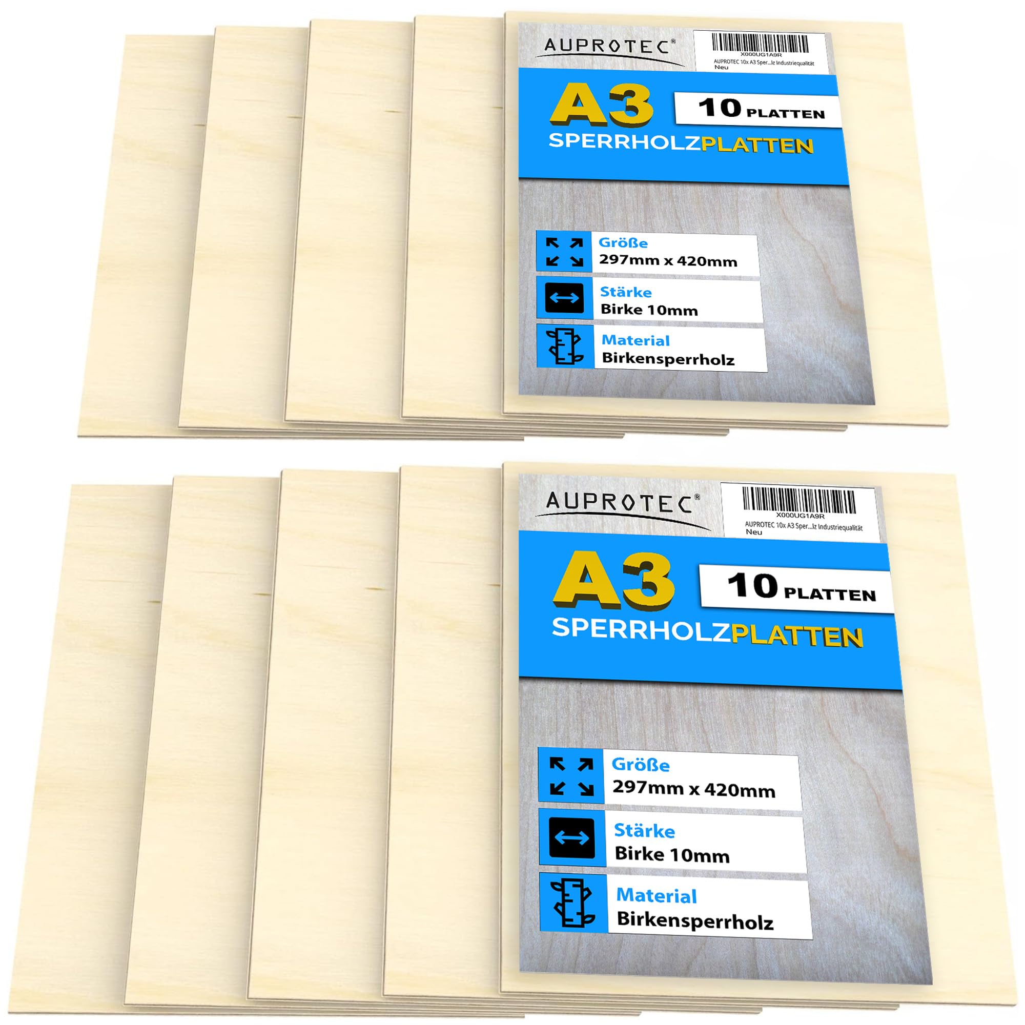 AUPROTEC 10x A3 Sperrholz-Platten Birke 10mm Multiplexplatten (297 mm x 420 mm) Bastel- und Laubsäge-Holzplatten Birke Massiv Multiplex Holz Industriequalität