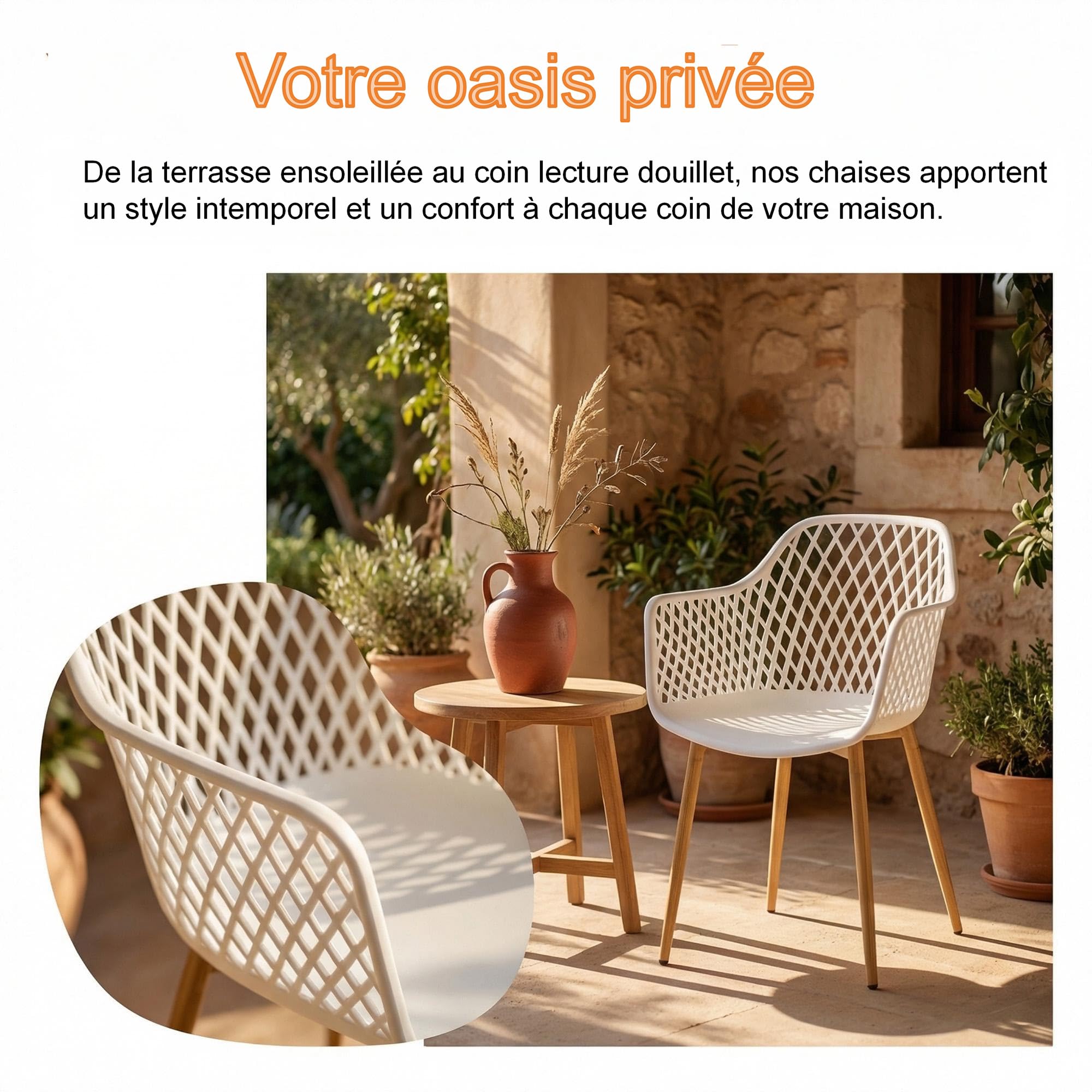 Lot de 6 chaises de Salle à Manger avec Dossier géométrique Moderne en Plastique avec Pieds en métal, chaises de Jardin, chaises de Salle à Manger avec accoudoirs pour Balcon, Blanc