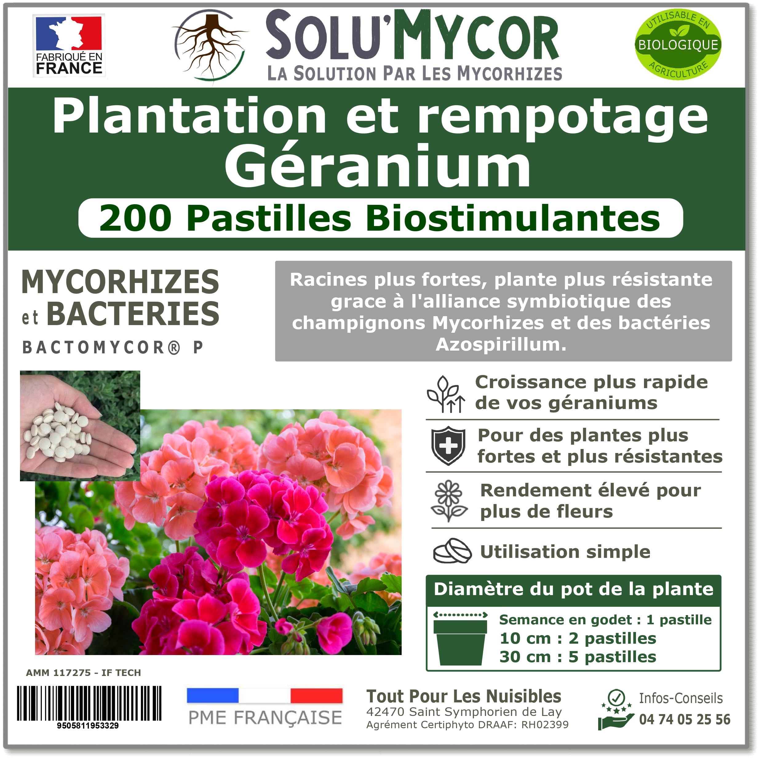 SoluMycor – 200 Pastilles Biostimulantes Géraniums – Idéal pour Semis & Plantation – Mycorhizes & Bactéries Azospirillum – Favorise le Développement Racinaire – Fabriqué en France