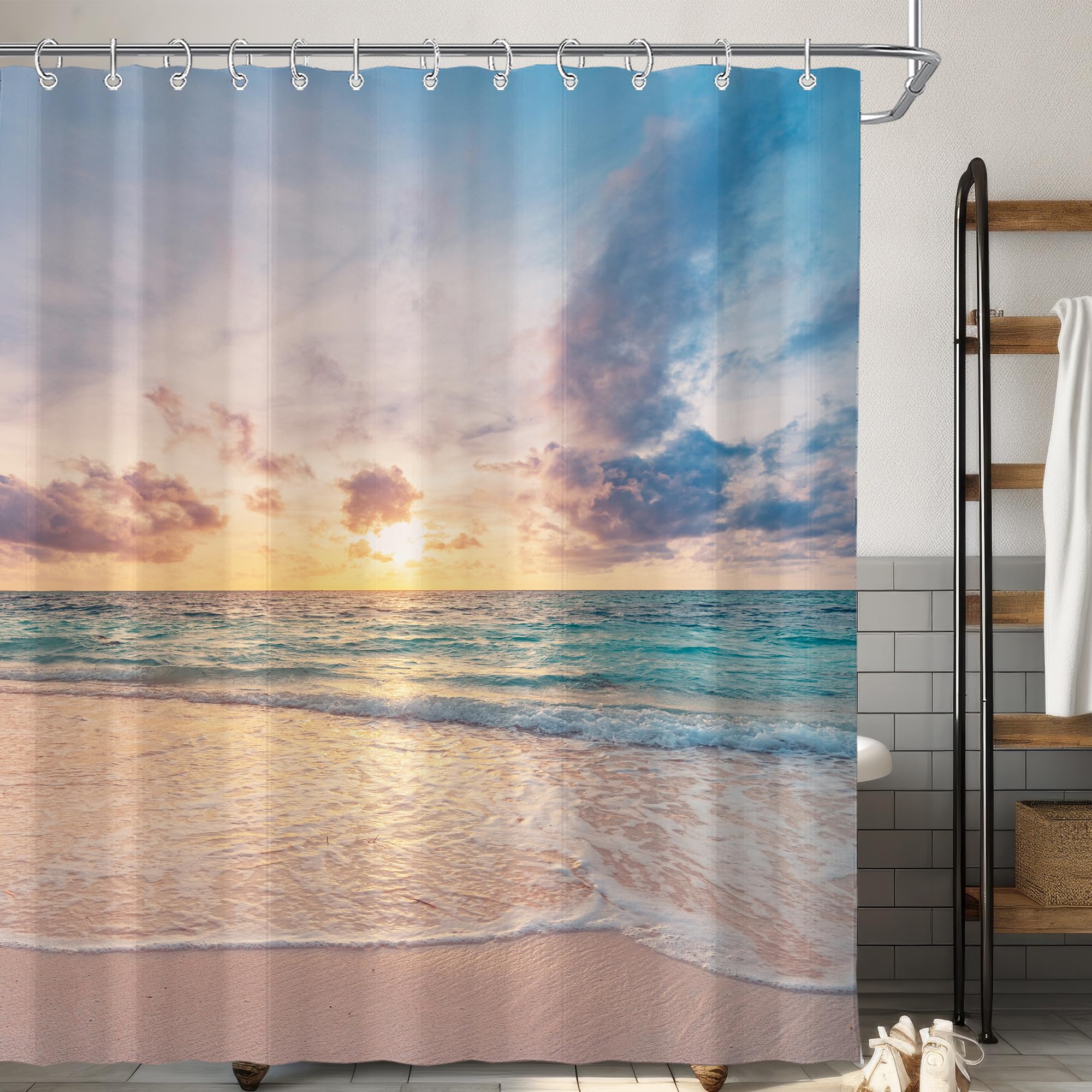 Rideau De Douche Visioun Océan - 183x183 Cm - Tissu Polyester Imperméable - Motif Plage Coucher De Soleil - Avec 12 Crochets - Décoration Salle De Bain