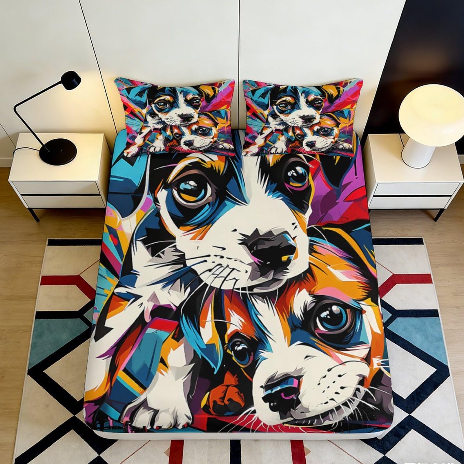 Dhbaneiok Style-1 3D Printed Colorful Puppy Art Fitted Sheet Microfiber Soft Breathable Dog Portrait Mattress Cover For Bedroom Dorm Decor 90X200x25cm