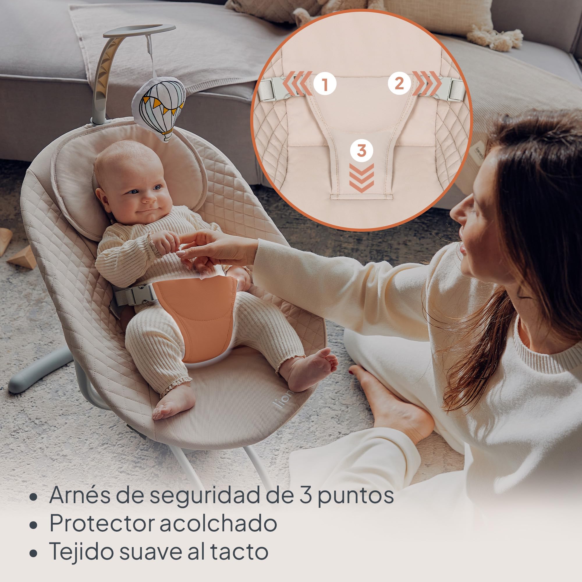 LIONELO Rio - Balancín eléctrico para niños de hasta 9 kg, respaldo ajustable, balancín de 3 velocidades, cinturones de seguridad con cojín, melodías y sonidos de la naturaleza, arco con juguete,