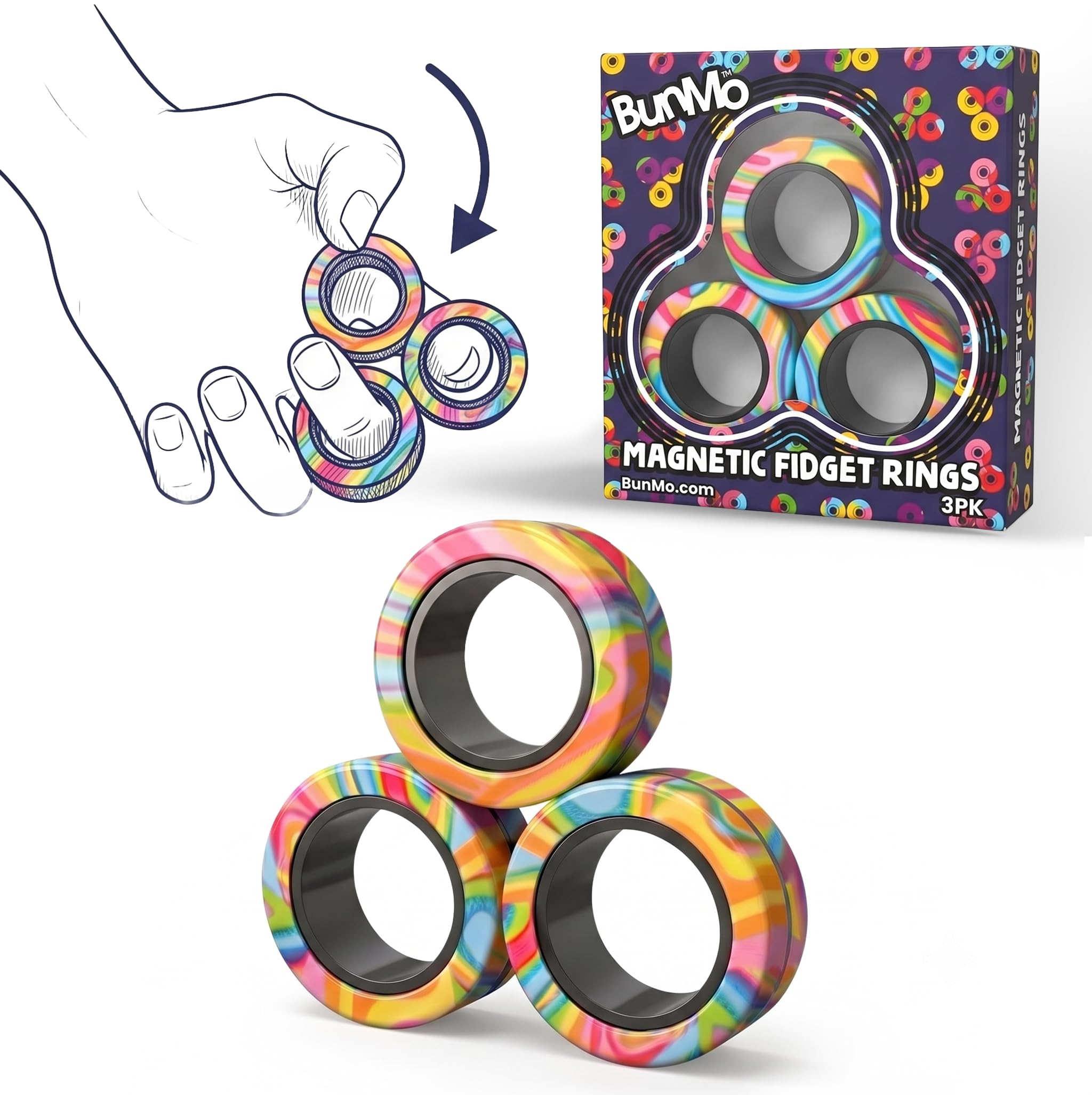 BUNMO Magnetic Fidget Rings 3pk – Cool Fidgets for Teens, Quiet Fidget Toys, Fidget Toys Adults, Maximum Strength 8 N50 Magnets, Learn Cool Tricks, Teen Gifts, Fidgets for Kids 8-12, Multicolored